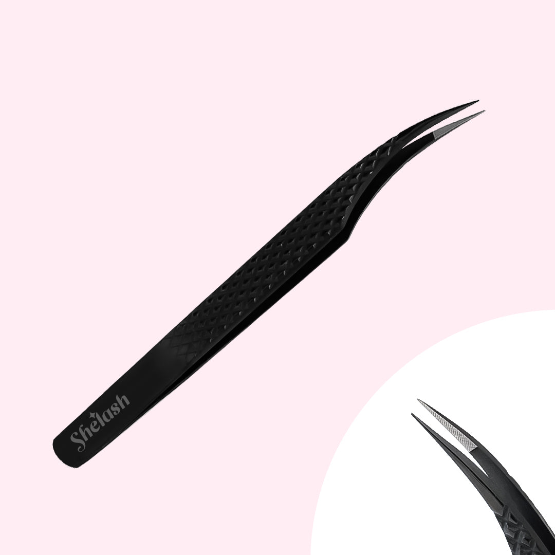 Fiber Tip Black Coated Curved Tweezers for Volume Eyelash Extensions