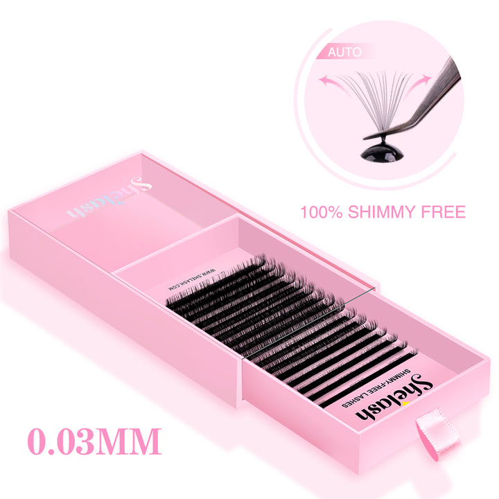 0.03mm matte black shimmy-free self-fanning lash extensions, ultra-light PBT