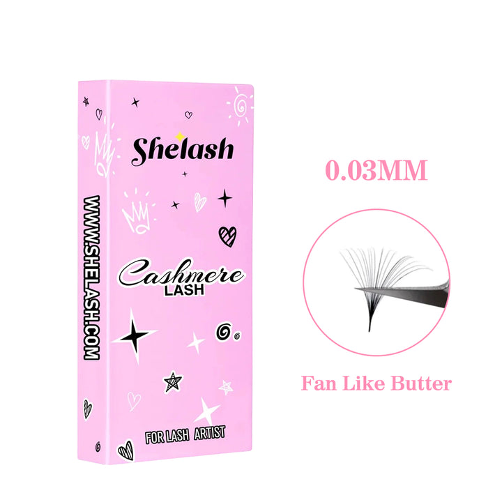 SHELASH 0.05mm Cashmere Lash Extensions, soft lightweight matte lashes for easy fanning & natural volume looks.