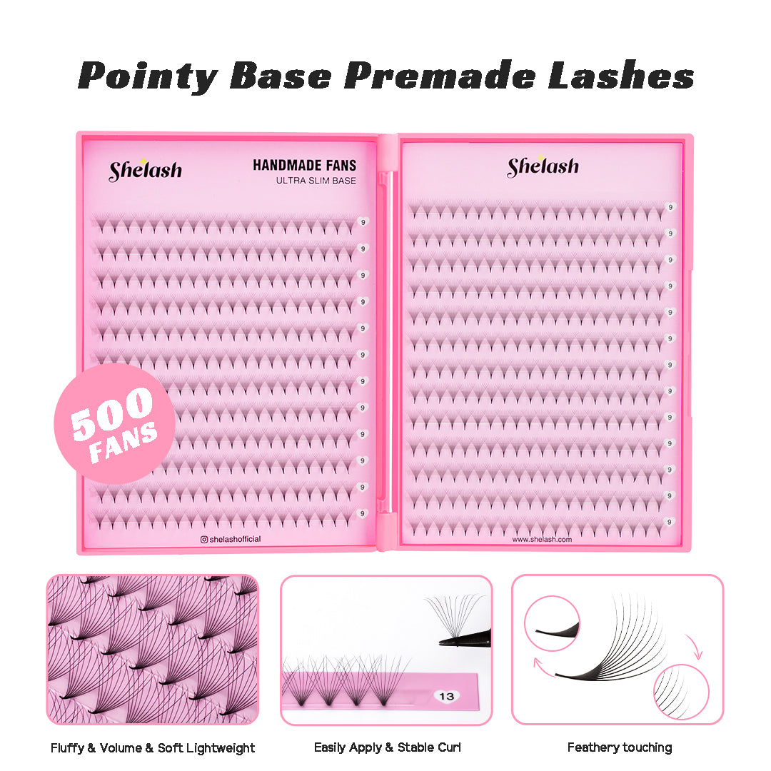 SHELASH 10D Premade Volume Fans, pointy base, matte black, time-saving for professional mega volume lash extensions