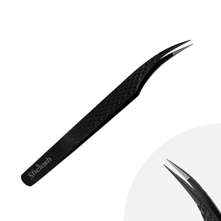 Fiber Tip Black Coated Curved Tweezers for Volume Eyelash Extensions