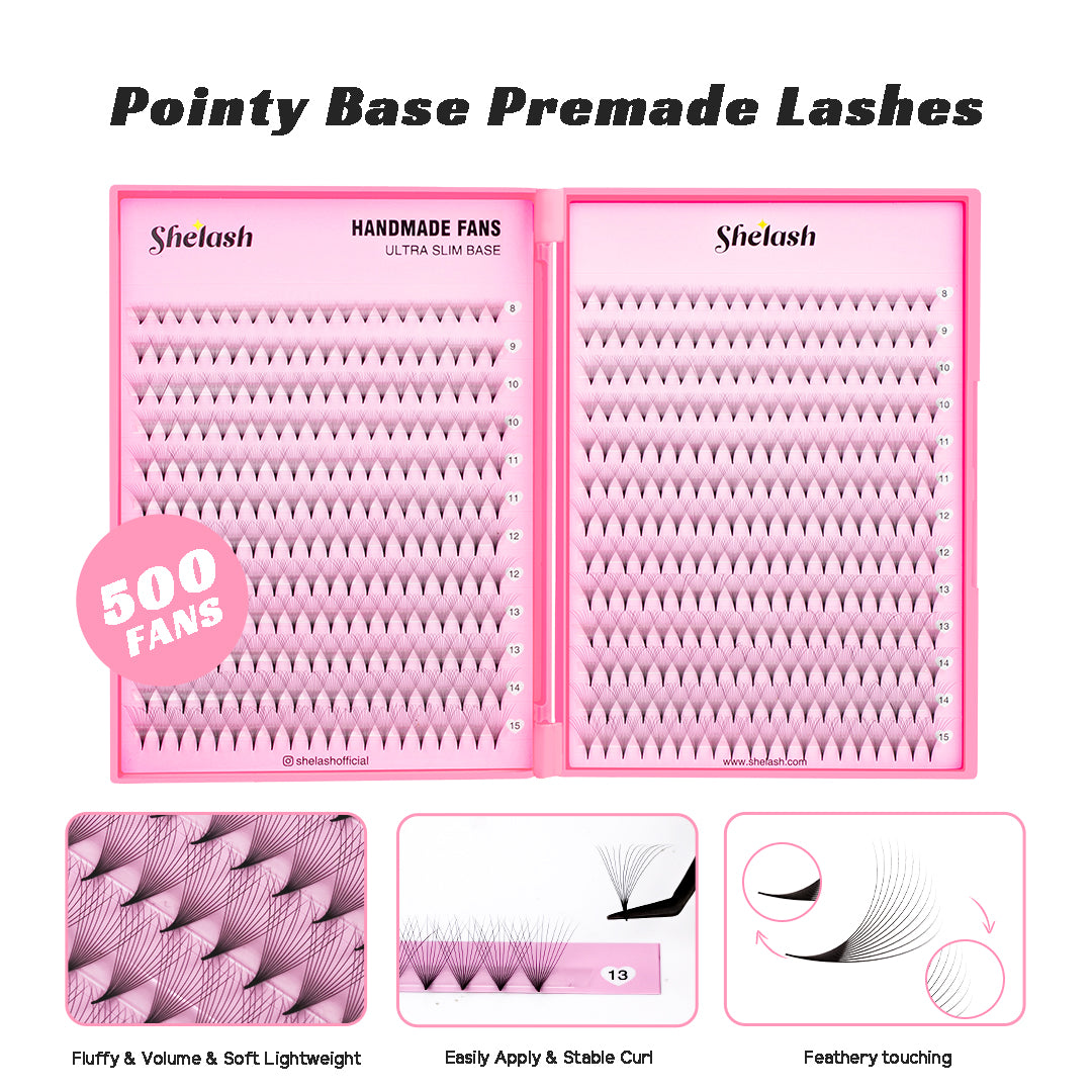 SHELASH 12D Premade Volume Fans, pointy base, matte black, time-saving for professional mega volume lash extensions