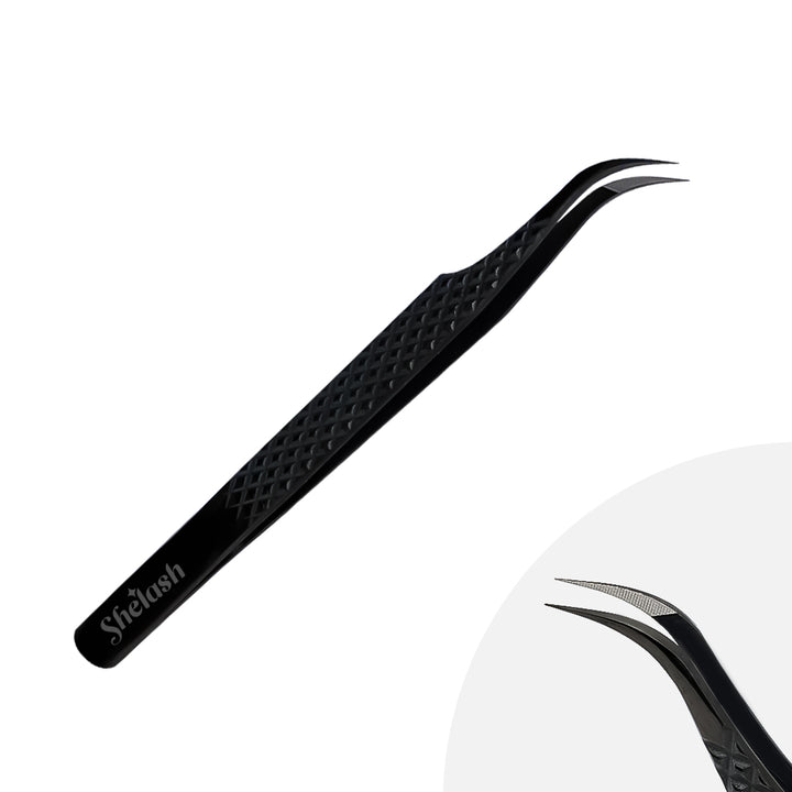 Fiber Tip Black Coated Curved Tweezers for Eyelash Extensions