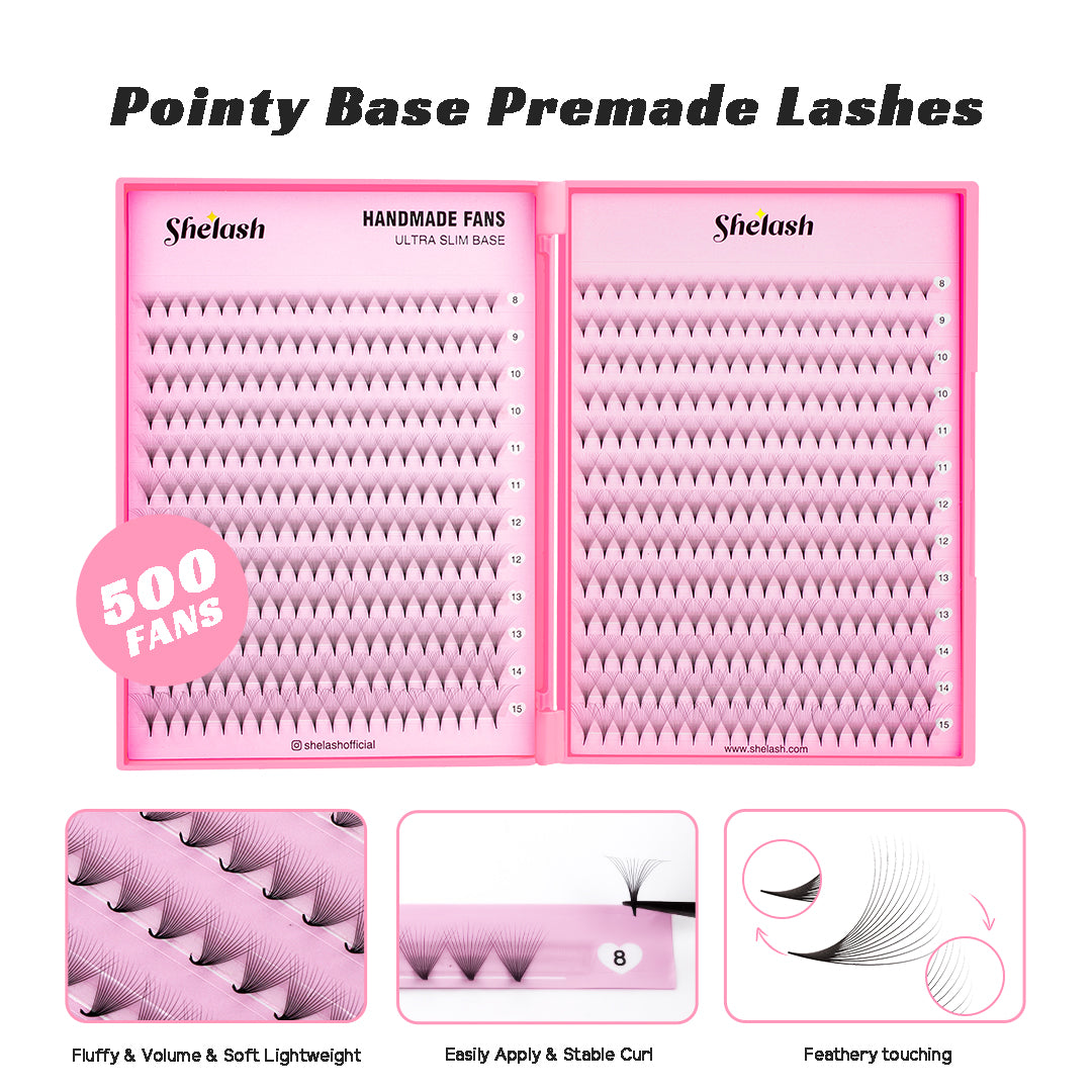 SHELASH 14D Premade Volume Fans, pointy base, matte black, time-saving for professional mega volume lash extensions