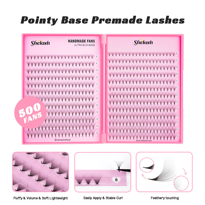 SHELASH 14D Premade Volume Fans, pointy base, matte black, time-saving for professional mega volume lash extensions