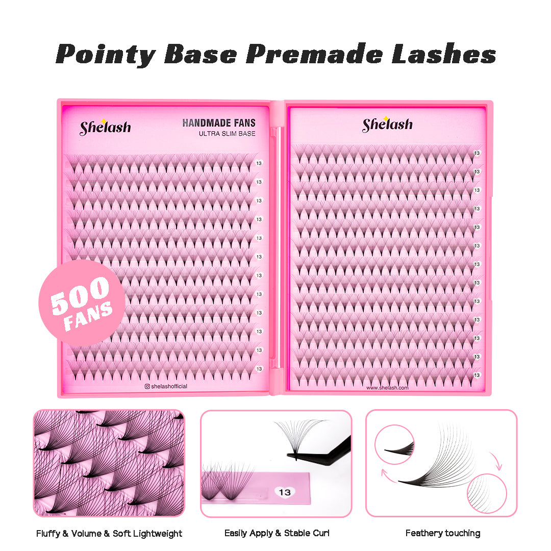 SHELASH 16D Premade Volume Fans, pointy base, matte black, time-saving for professional mega volume lash extensions