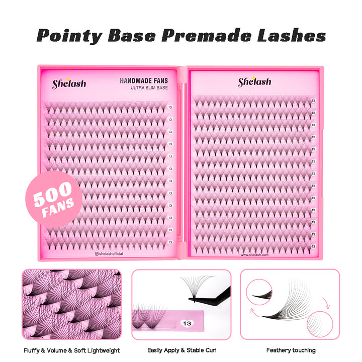 SHELASH 16D Premade Volume Fans, pointy base, matte black, time-saving for professional mega volume lash extensions