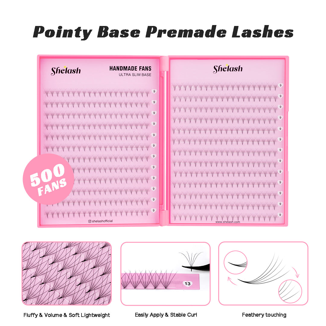 SHELASH 5D Premade Volume Fans, pointy base, matte black, time-saving for professional mega volume lash extensions