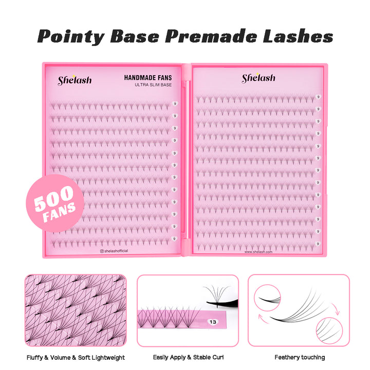 SHELASH 5D Premade Volume Fans, pointy base, matte black, time-saving for professional mega volume lash extensions