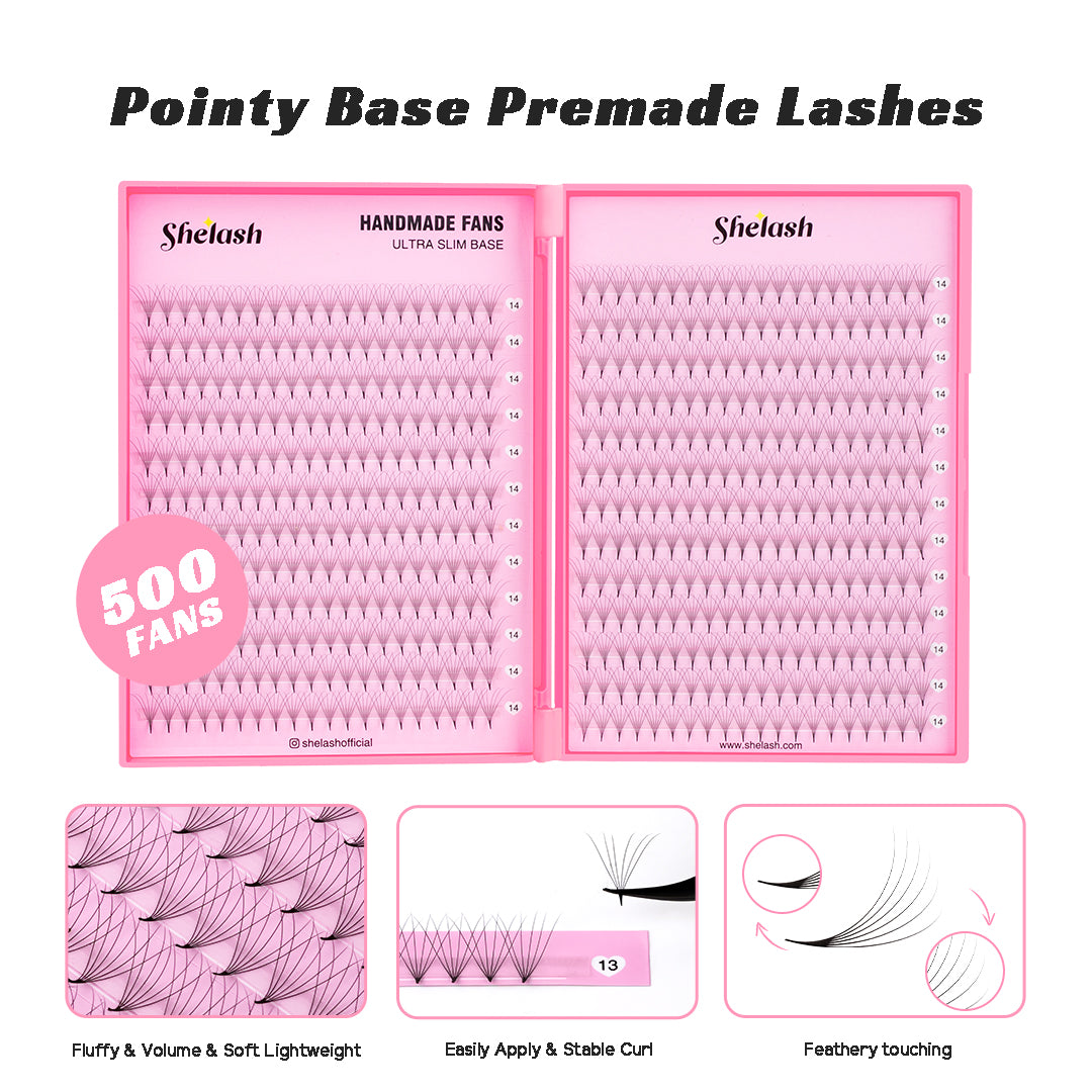 SHELASH 6D Premade Volume Fans, pointy base, matte black, time-saving for professional mega volume lash extensions