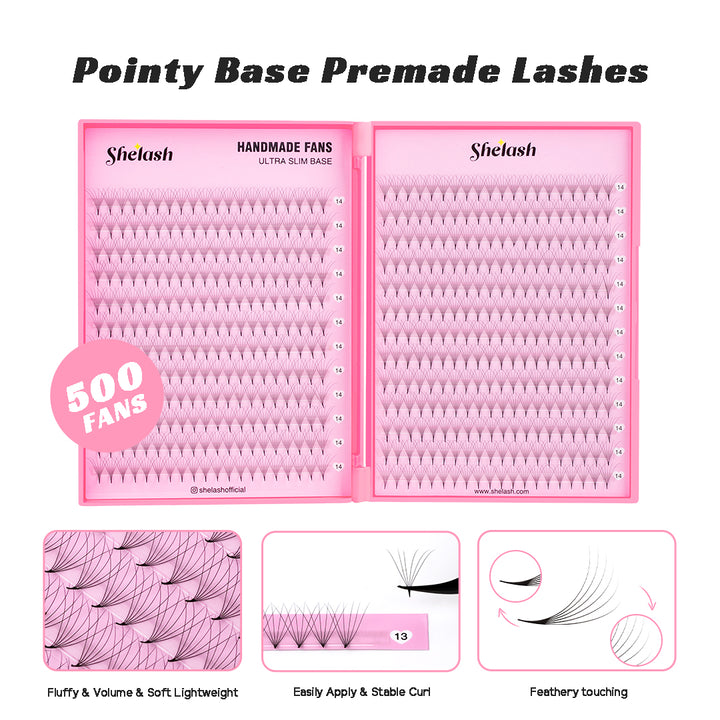 SHELASH 6D Premade Volume Fans, pointy base, matte black, time-saving for professional mega volume lash extensions