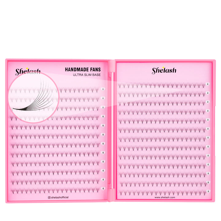 SHELASH 8D Premade Volume Fans, pointy base, matte black, time-saving for professional mega volume lash extensions