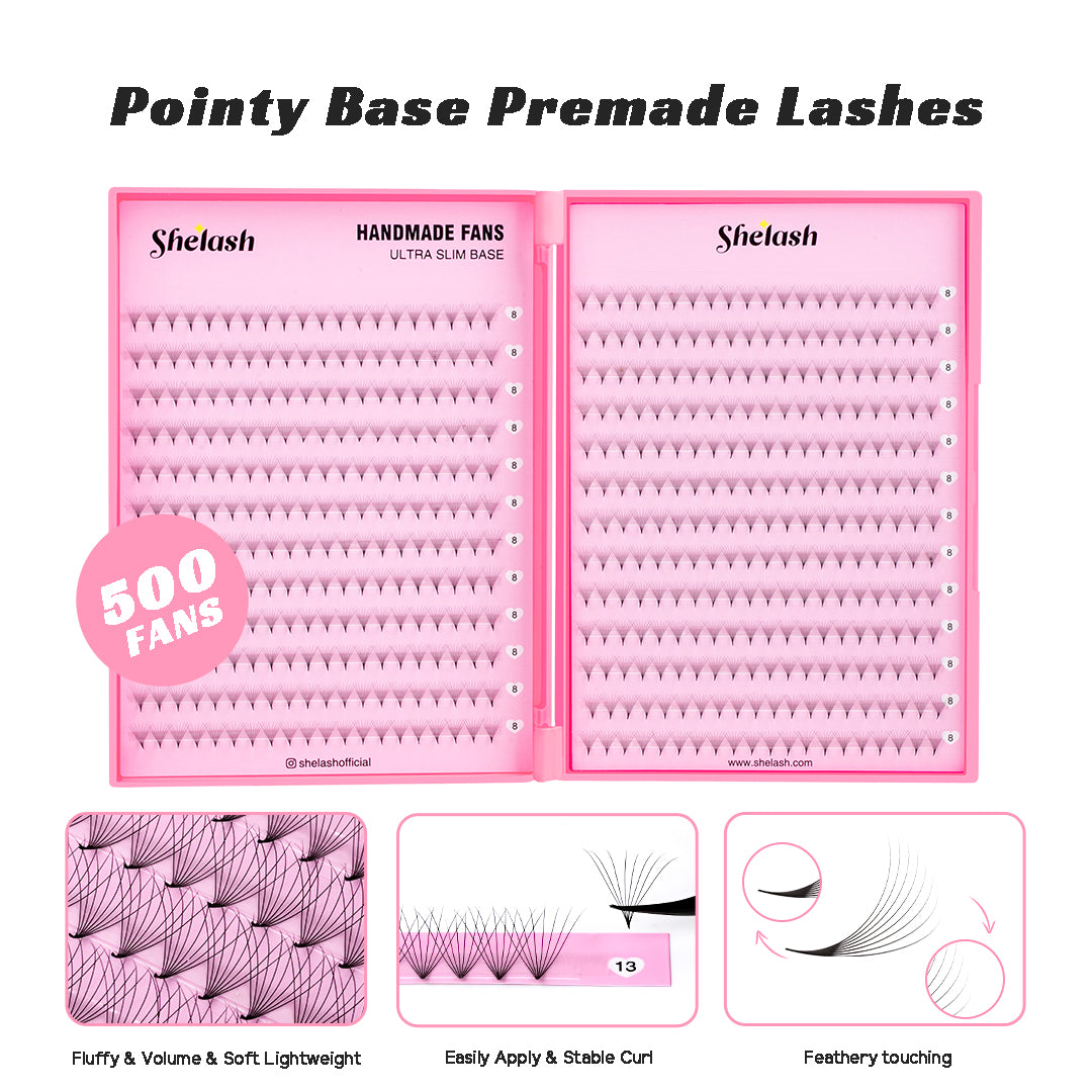 SHELASH 8D Premade Volume Fans, pointy base, matte black, time-saving for professional mega volume lash extensions