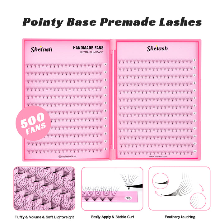 SHELASH 8D Premade Volume Fans, pointy base, matte black, time-saving for professional mega volume lash extensions