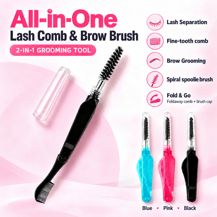 Shelash all-in-one lash comb and brow brush in blue, pink, and black, with fold-out combs and clear spoolie caps.
