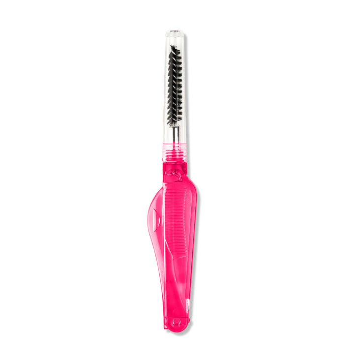 Shelash all-in-one lash comb and brow brush in blue, pink, and black, with fold-out combs and clear spoolie caps.