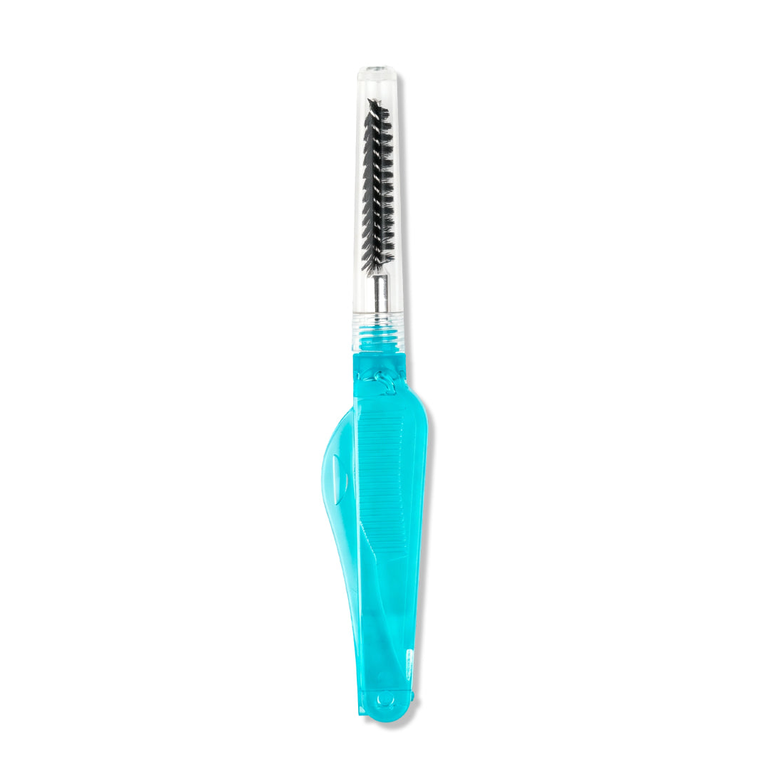 Shelash all-in-one lash comb and brow brush in blue, pink, and black, with fold-out combs and clear spoolie caps.