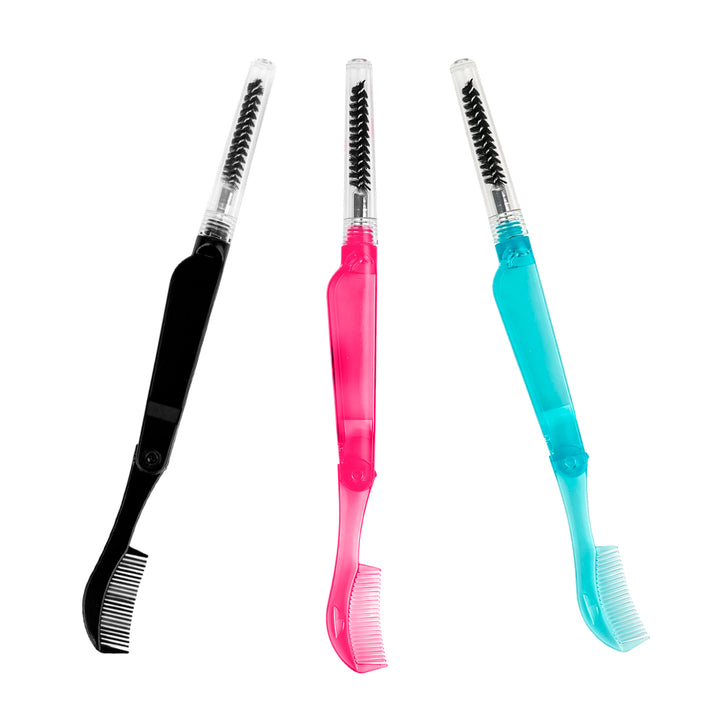 Shelash all-in-one lash comb and brow brush in blue, pink, and black, with fold-out combs and clear spoolie caps.