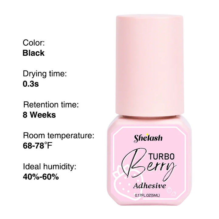 Shelash 0.3s Berry Lash Glue, 8-week retention, waterproof, for professional lash use.