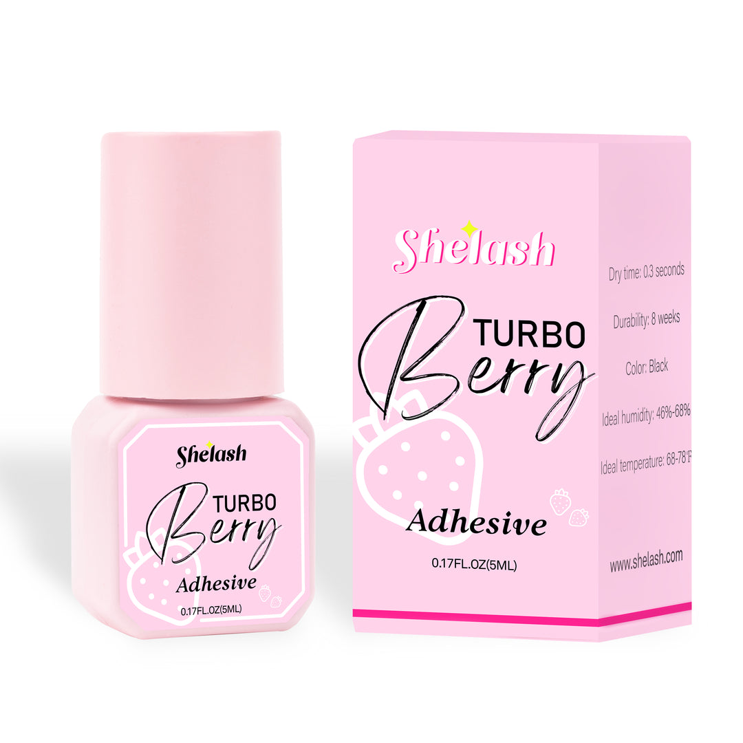 Shelash 0.3s Berry Lash Glue, 8-week retention, waterproof, for professional lash use.