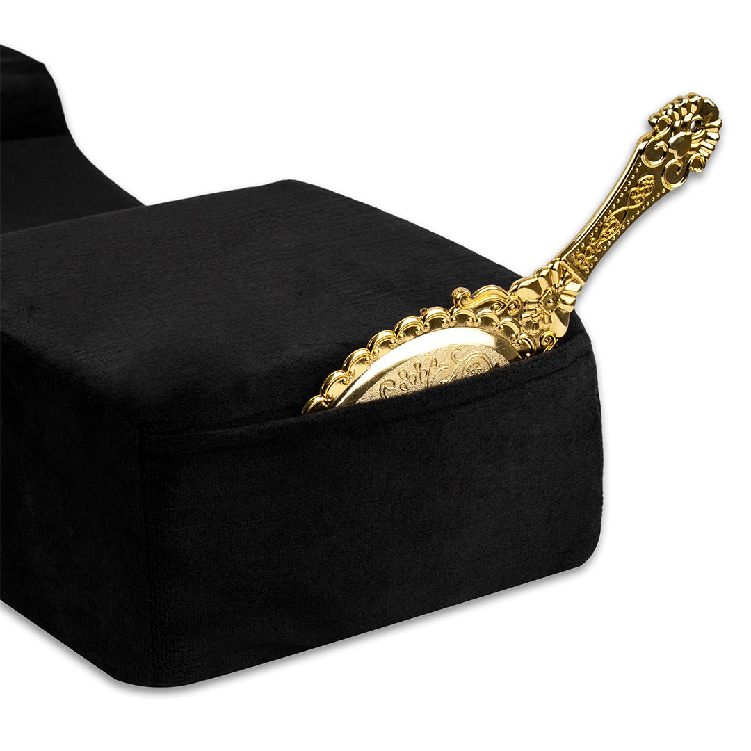 Ergonomic lash pillow with plush velvet cover, zero-pressure support, dual side pockets for tools, holds head steady at ideal working angle.