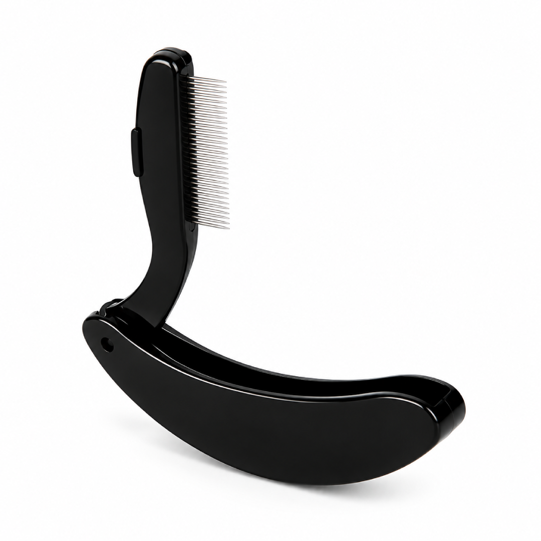 Black foldable lash comb shown open, with fine metal teeth and a curved folding handle, on a white background.