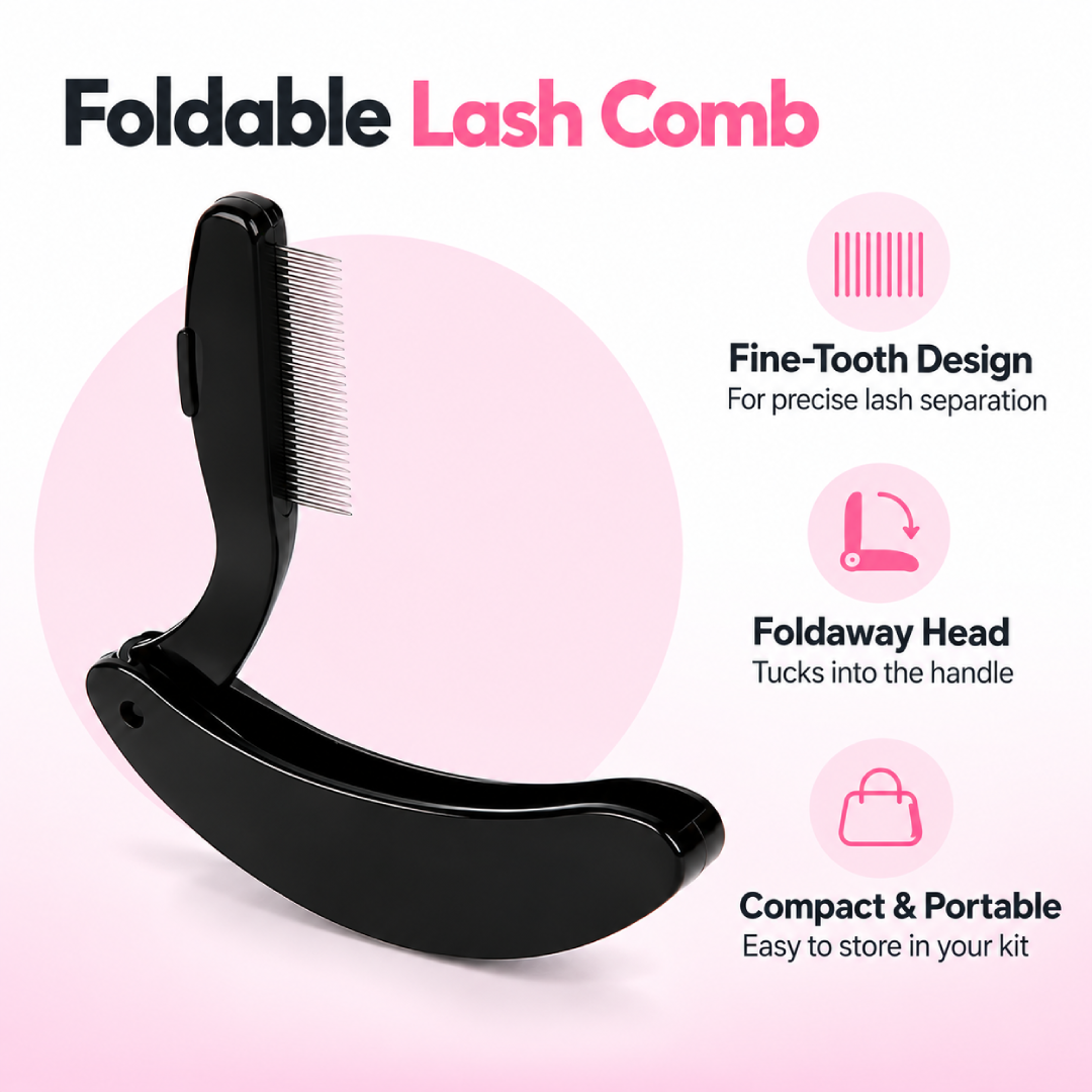 Black foldable lash comb shown open, with fine metal teeth and a curved folding handle, on a white background.