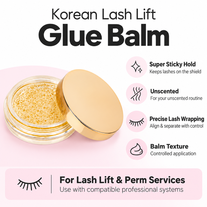 Open jar of Korean Lash Lift Glue Balm with a gold-colored lid, Super Sticky unscented version for professional lash placement.