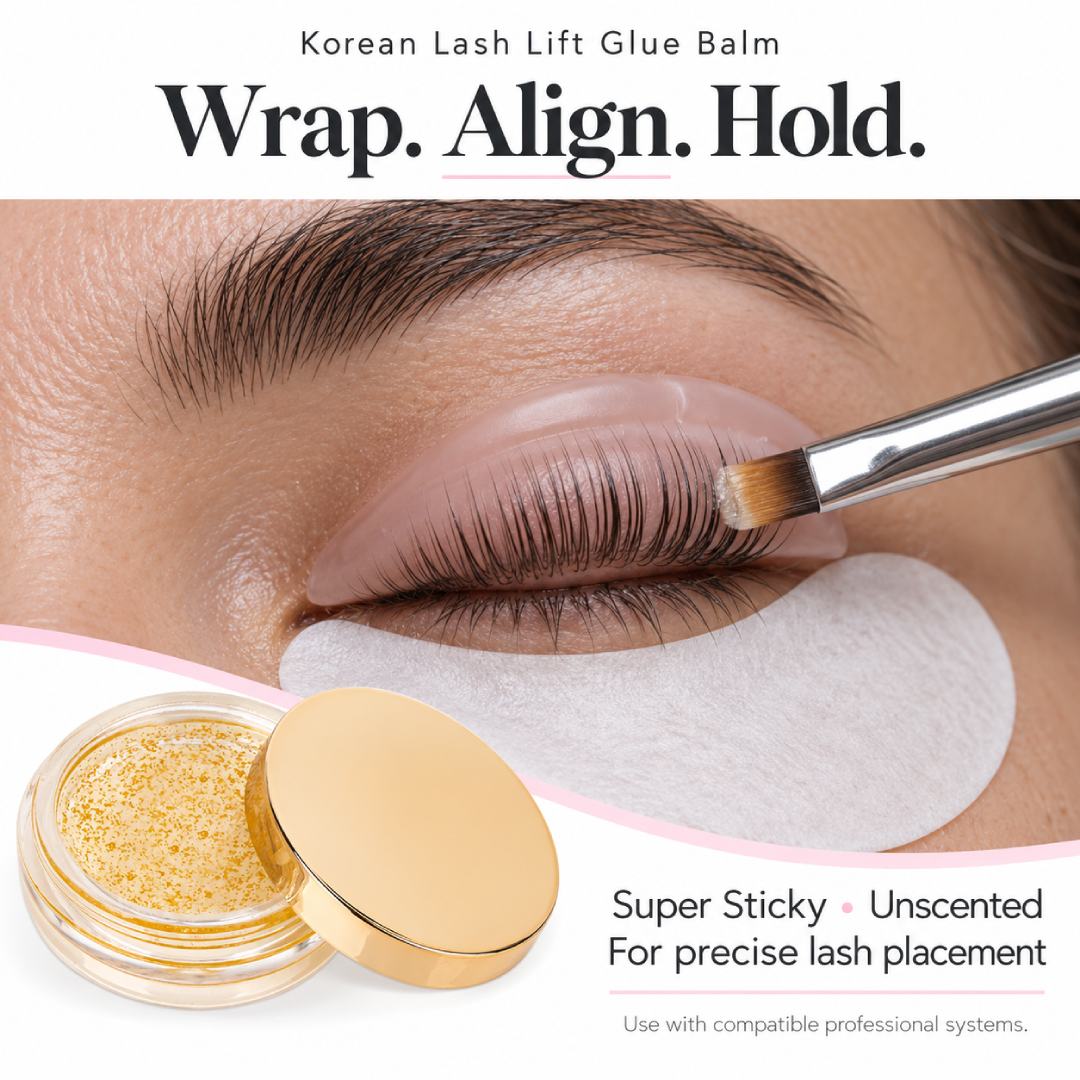 Open jar of Korean Lash Lift Glue Balm with a gold-colored lid, Super Sticky unscented version for professional lash placement.