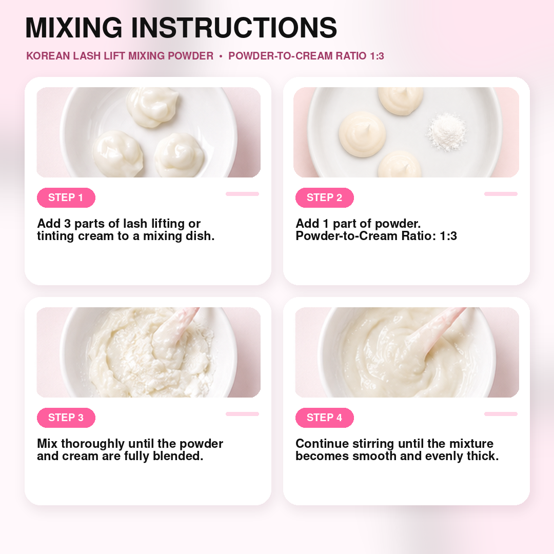 Lash lift mixing powder for Korean lash lift and lash perm procedures, helping professional lash artists adjust solution consistency for precise eyelash lift applications.