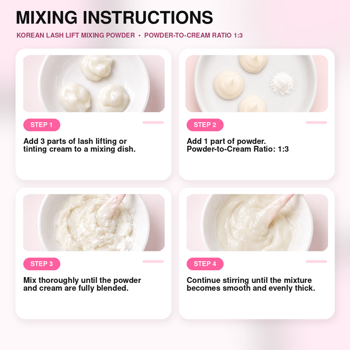 Lash lift mixing powder for Korean lash lift and lash perm procedures, helping professional lash artists adjust solution consistency for precise eyelash lift applications.