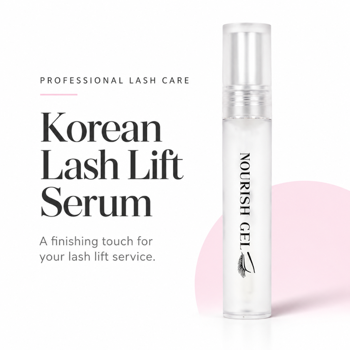 Korean lash lift serum in a clear tube with a white cap and Nourish Gel label.