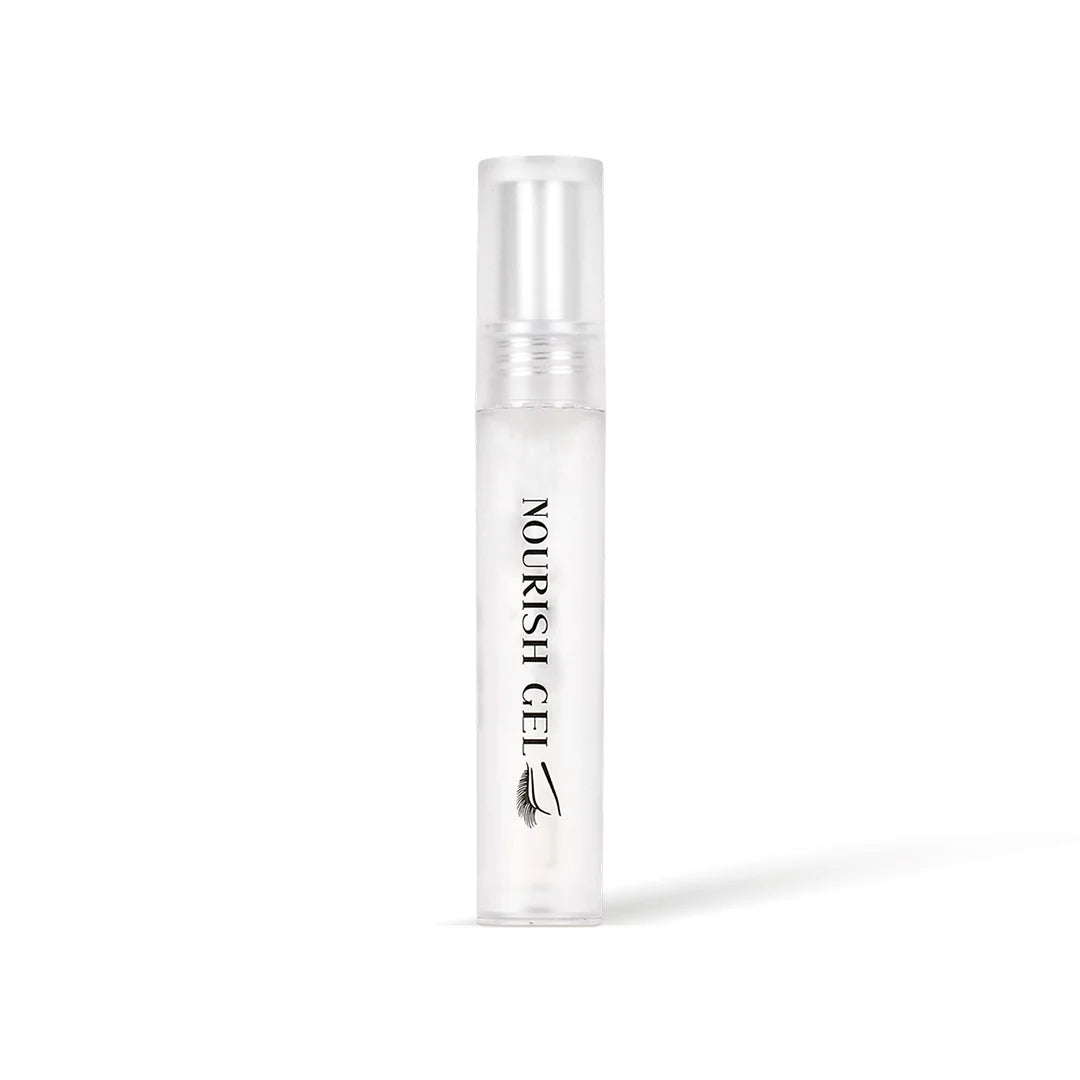 Korean lash lift serum in a clear tube with a white cap and Nourish Gel label.