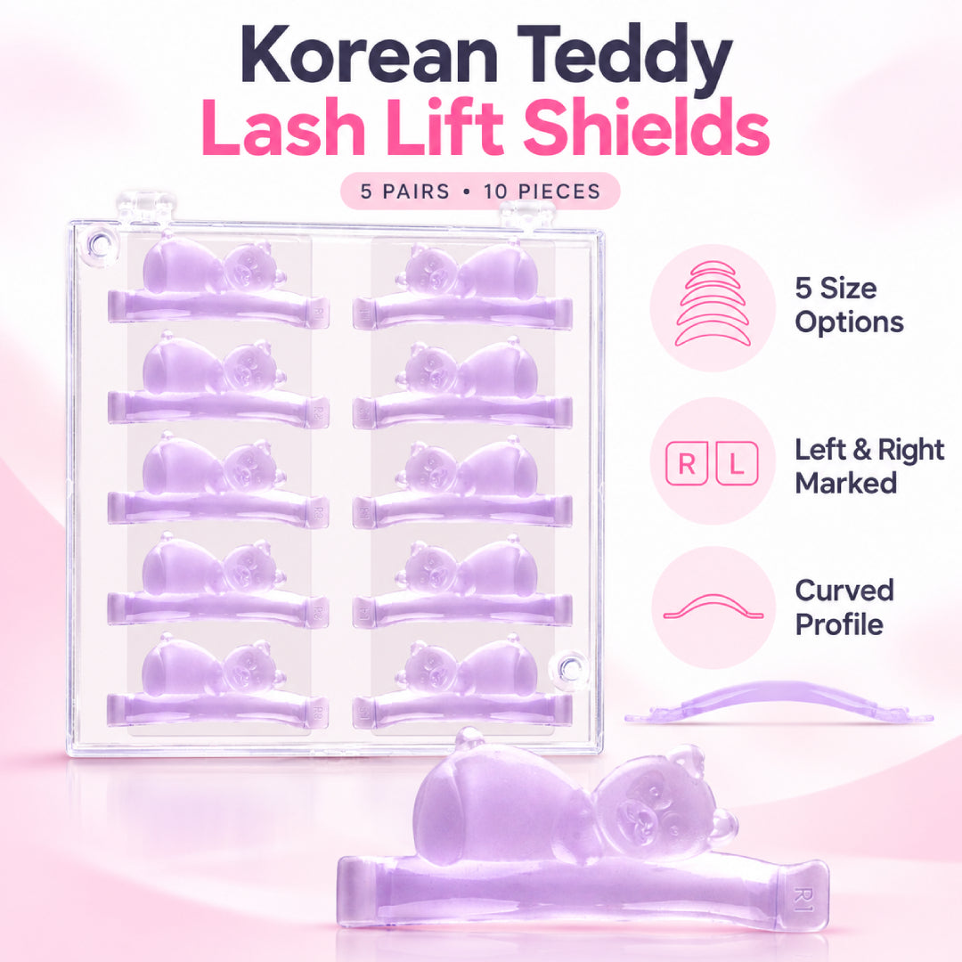 Five pairs of lavender Korean Teddy Lash Lift Shields with teddy bear details and numbered left/right labels in a clear storage case.