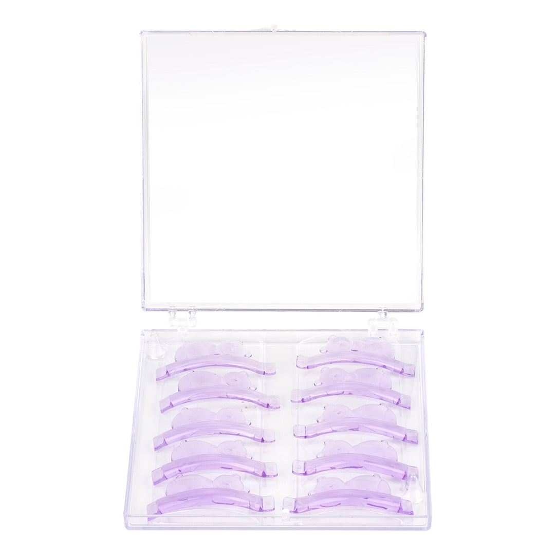 Five pairs of lavender Korean Teddy Lash Lift Shields with teddy bear details and numbered left/right labels in a clear storage case.