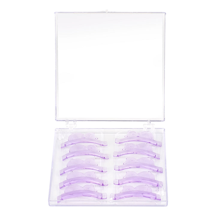 Five pairs of lavender Korean Teddy Lash Lift Shields with teddy bear details and numbered left/right labels in a clear storage case.