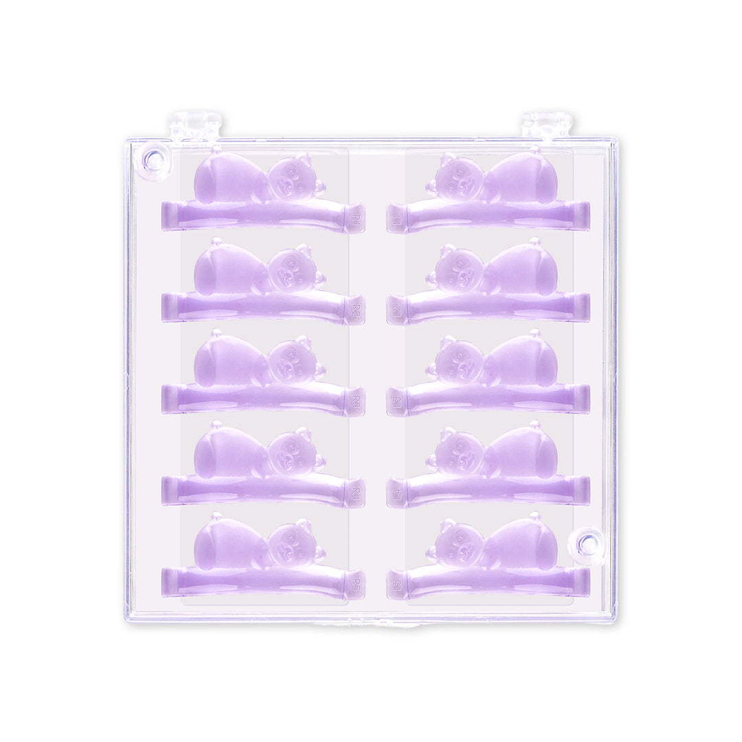 Five pairs of lavender Korean Teddy Lash Lift Shields with teddy bear details and numbered left/right labels in a clear storage case.