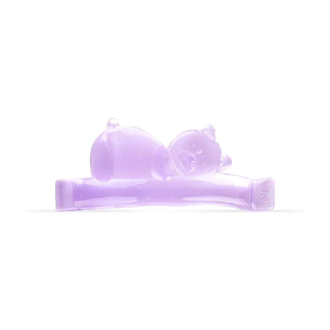 Five pairs of lavender Korean Teddy Lash Lift Shields with teddy bear details and numbered left/right labels in a clear storage case.