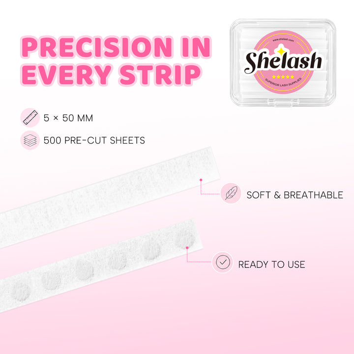 Lash lift paper covers with 500 pre-cut 5 × 50 mm strips, available in textured and ultra-thin micro-hole versions for professional lash lift treatments.