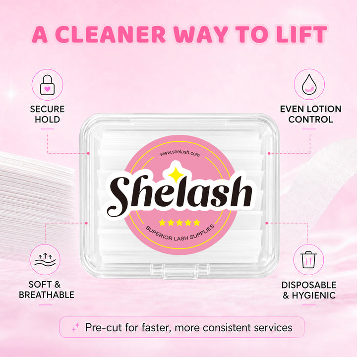Lash lift paper covers with 500 pre-cut 5 × 50 mm strips, available in textured and ultra-thin micro-hole versions for professional lash lift treatments.