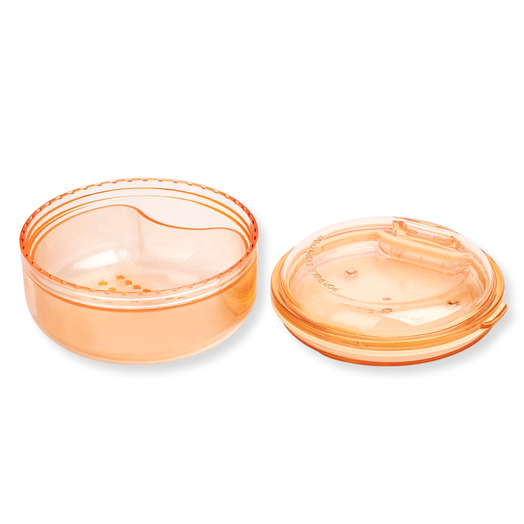 Black and apricot lash lift shield storage and cleaning cases with translucent round bodies and removable lids.