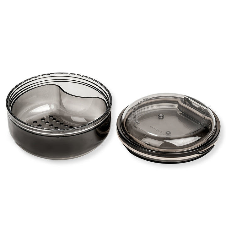 Black and apricot lash lift shield storage and cleaning cases with translucent round bodies and removable lids.