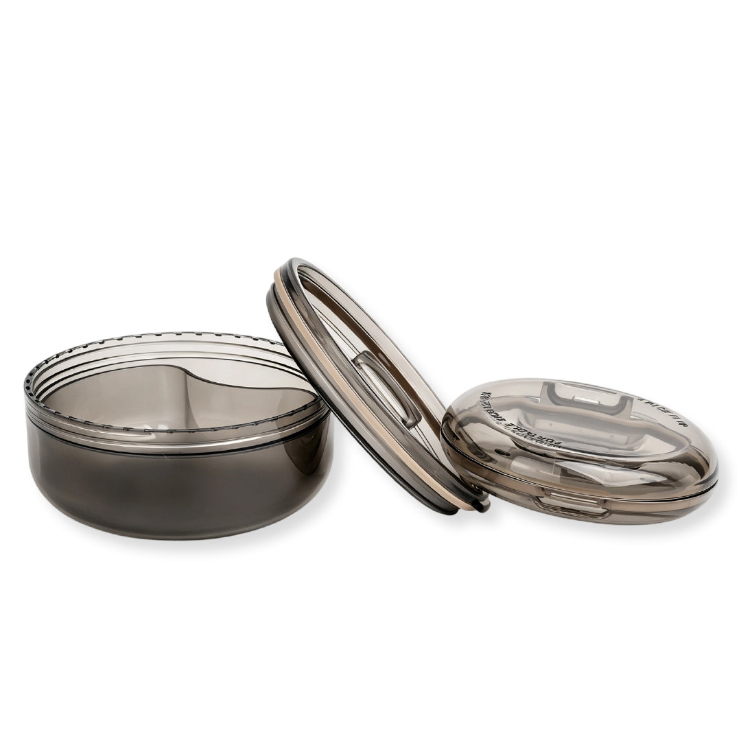 Black and apricot lash lift shield storage and cleaning cases with translucent round bodies and removable lids.