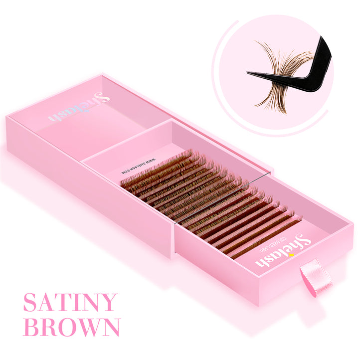 Shelash 0.07 Satiny Light Brown Lashes, Korean PBT, C curl, 8-15mm mixed, for professional lash extensions.