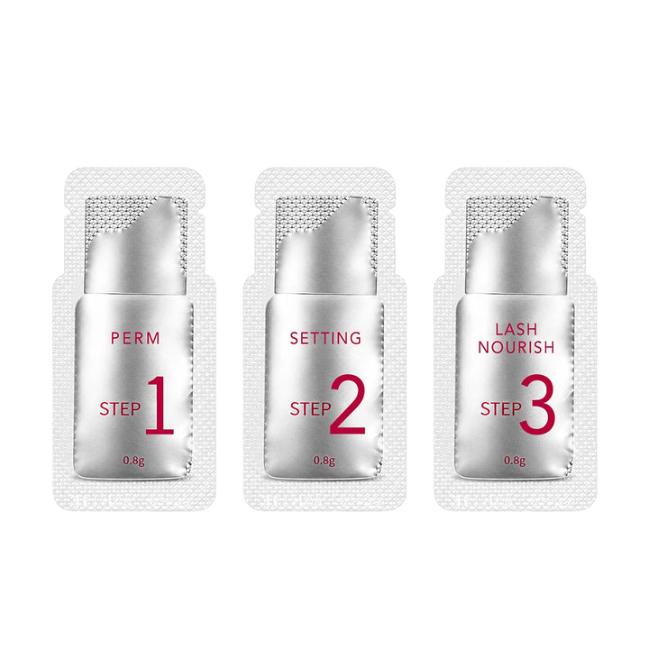 Professional Korean lash lift kit with 3-step system including perm, setting, and nourishing solution for natural lash and brow lifting in salon use.