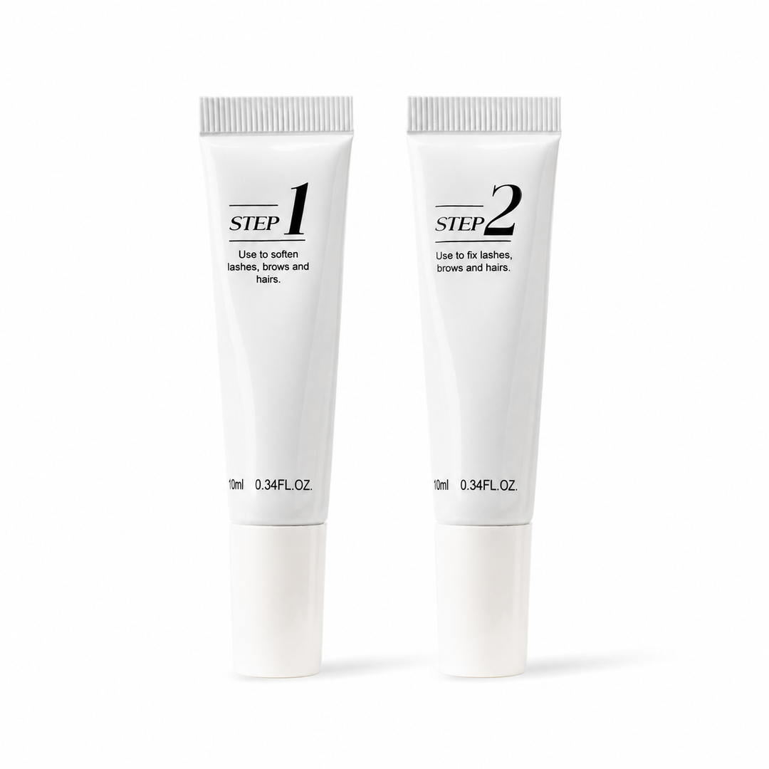 Professional lash lift treatment kit with Step 1 and Step 2 system for lifting, curling, and setting natural lashes and brows in salon use.