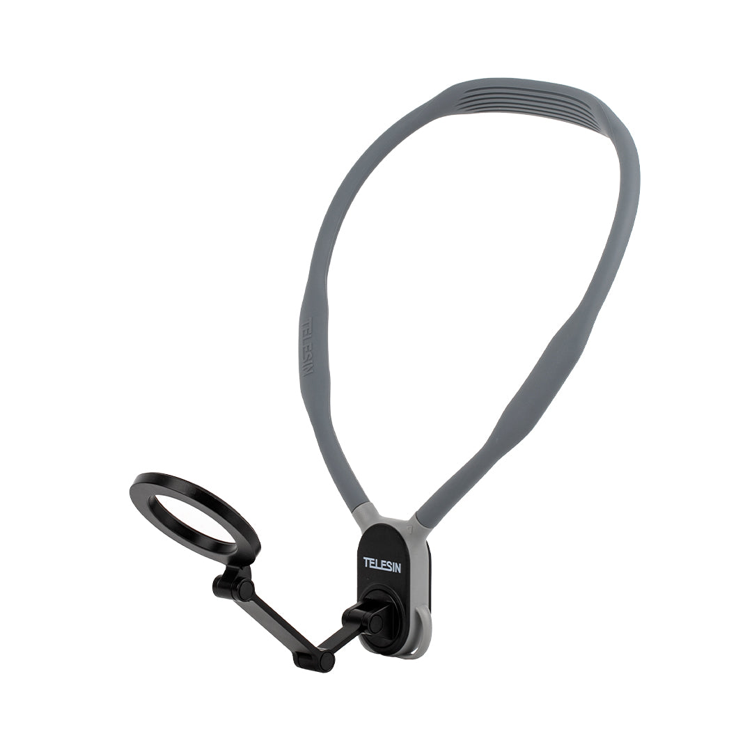 Magnetic smartphone neck holder with adjustable viewing angles for hands-free recording, livestreaming, content creation, and first-person video capture.