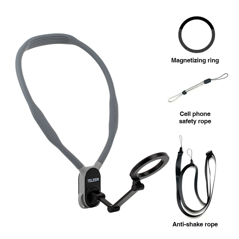 Magnetic smartphone neck holder with adjustable viewing angles for hands-free recording, livestreaming, content creation, and first-person video capture.