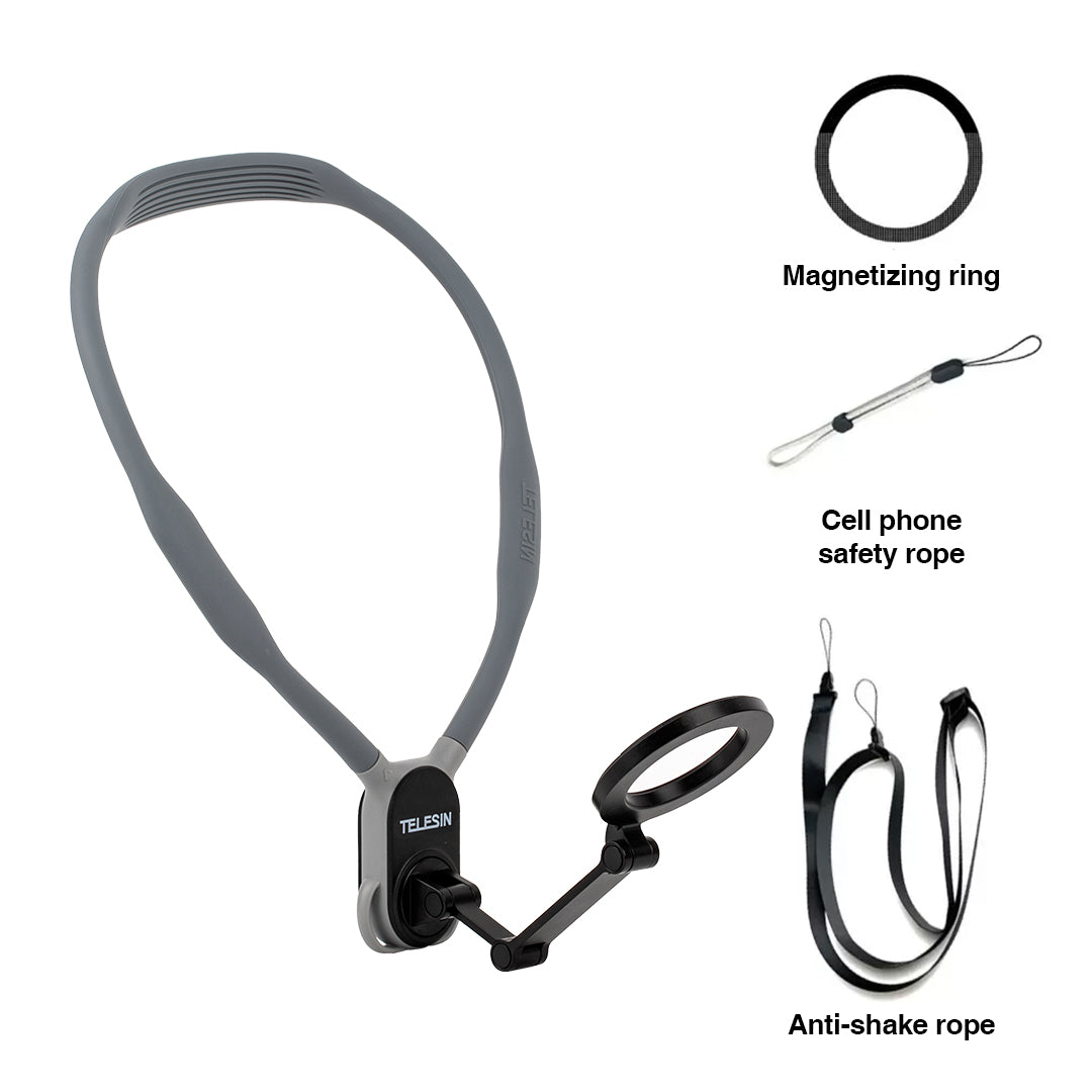Magnetic smartphone neck holder with adjustable viewing angles for hands-free recording, livestreaming, content creation, and first-person video capture.