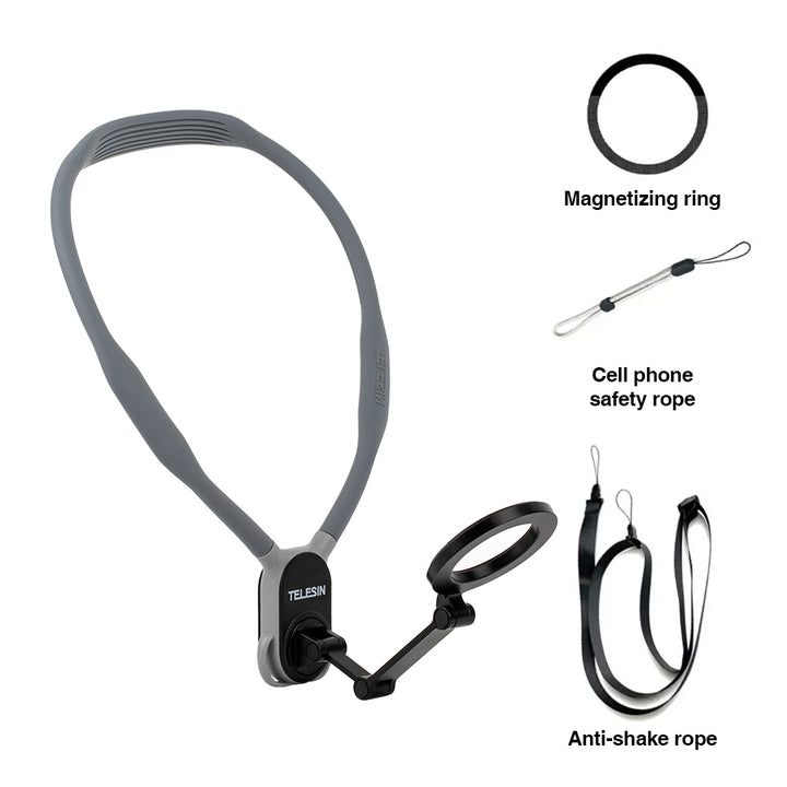 Magnetic smartphone neck holder with adjustable viewing angles for hands-free recording, livestreaming, content creation, and first-person video capture.